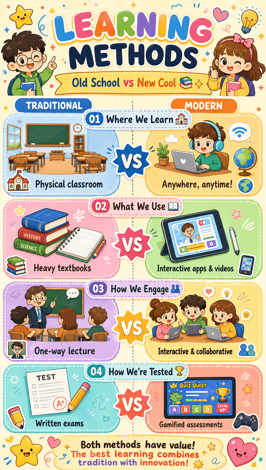 Learning methods comparison infographic in a cute playful style