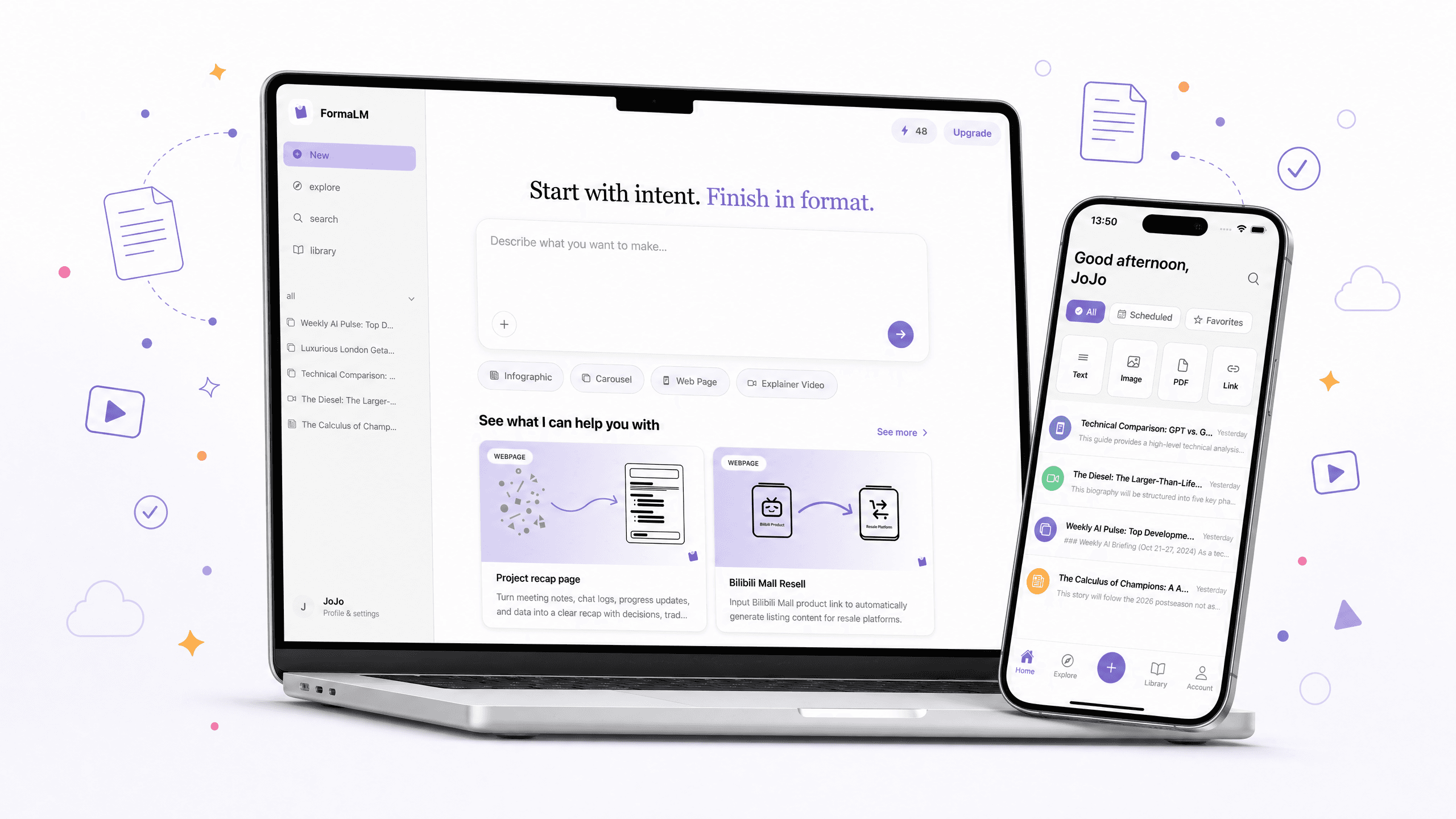 FormaLM product preview showing desktop and mobile workflows for turning intent into finished formats.
